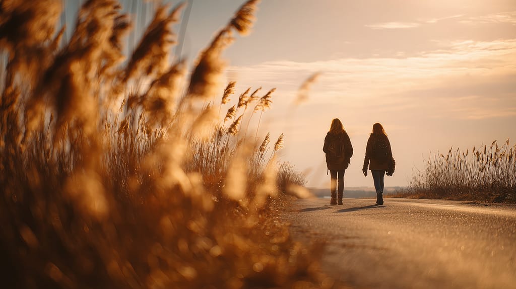 two women walking outdoors