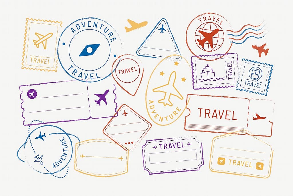many colourful travel stamps