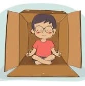 Child meditating inside a cardboard box