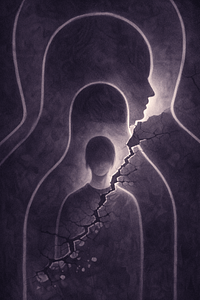 Layered silhouettes of an adult and child joined together with glowing outlines, separated by a jagged crack running through them