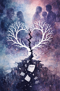 Artistic illustration of a white tree split down the centre by a deep crack in the ground, with shadowed silhouettes of families in the background and scattered papers marked “Trust.”