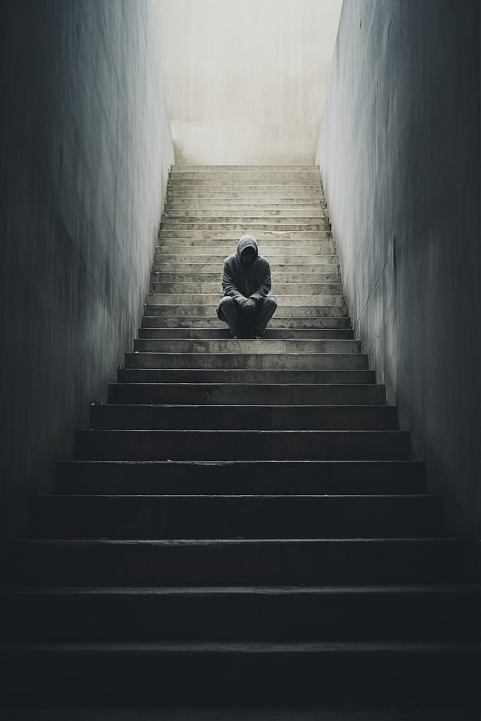 Person sitting alone on dark concrete stairs representing grief, emotional overwhelm, isolation, depression, or traumatic loss.