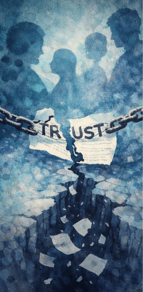 An illustration showing a metaphor for broken trust: a chain snapping, apart over a cracked ground.
